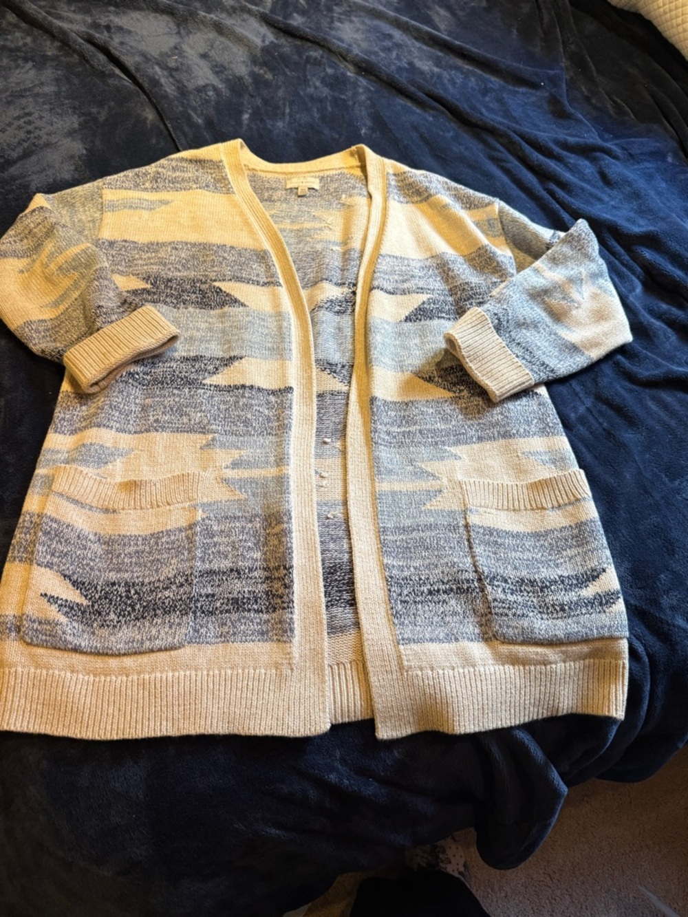 Lucky Brand Blue and Cream Open-Front Knit Cardigan